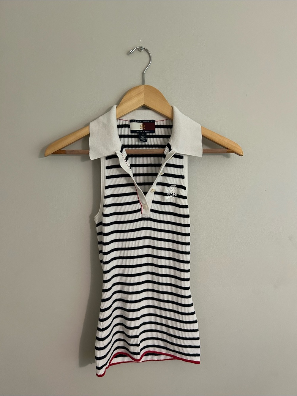 Tommy Hilfiger White & Navy Striped Sleeveless Polo Tank with Red Trim